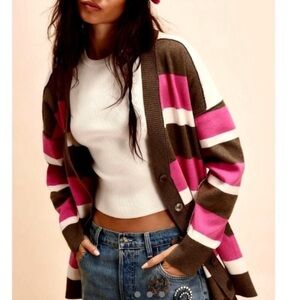 FREE PEOPLE LEAGUE OF HER OWN  MID LENGTH CARDIGAN OS PINK WHITE BROWN